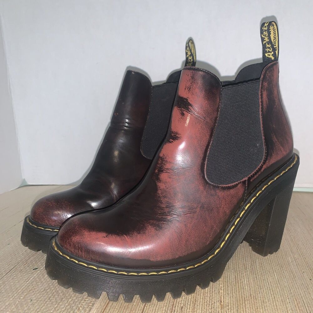 Dr Martens Hurston US 8 Heeled Chunky Burgundy Cherry Ankle Boots Festival Y2K